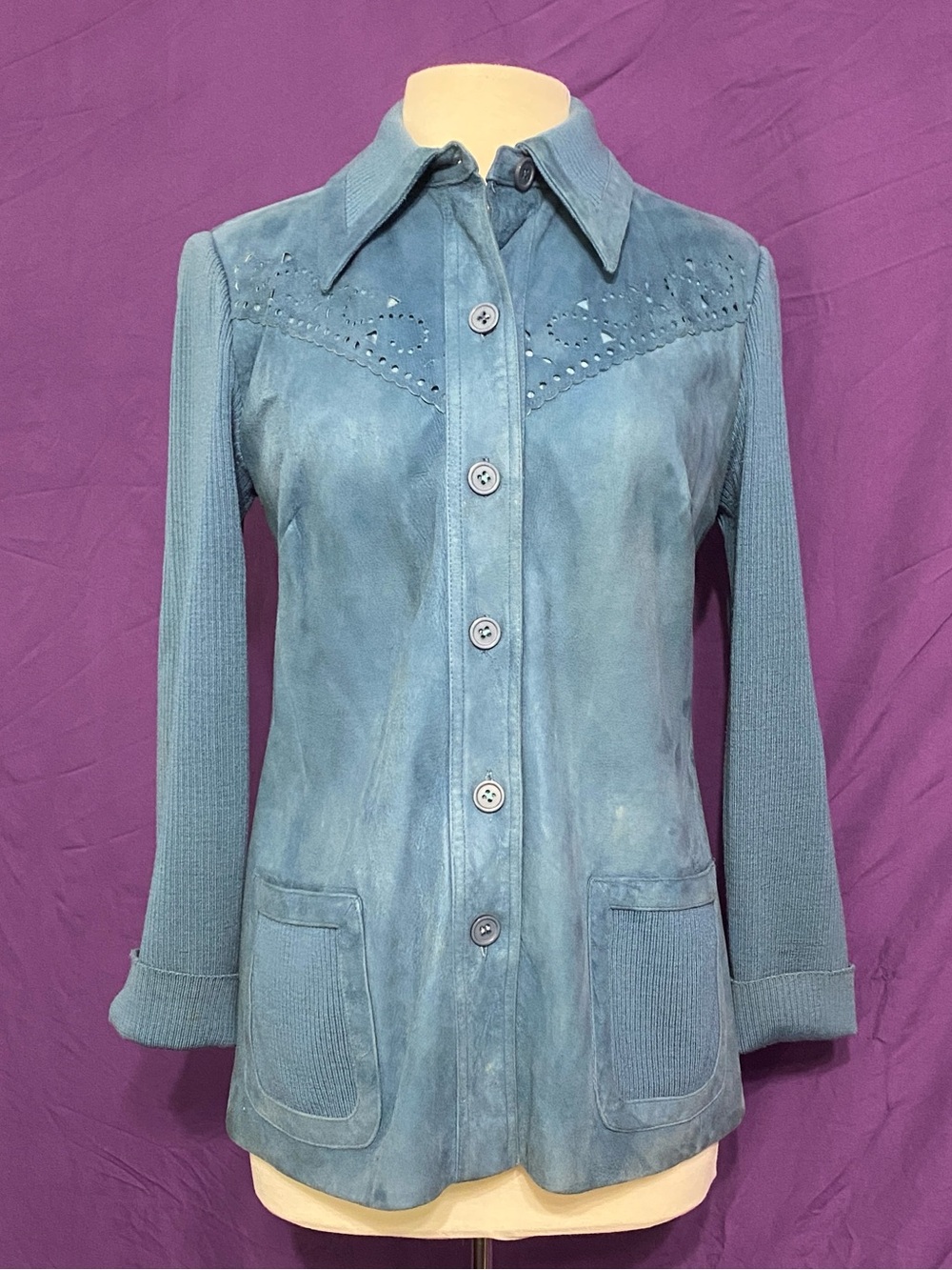 Vintage 1970s Alrich Blue Suede & Wool Knit Sweater Jacket. Size 14.